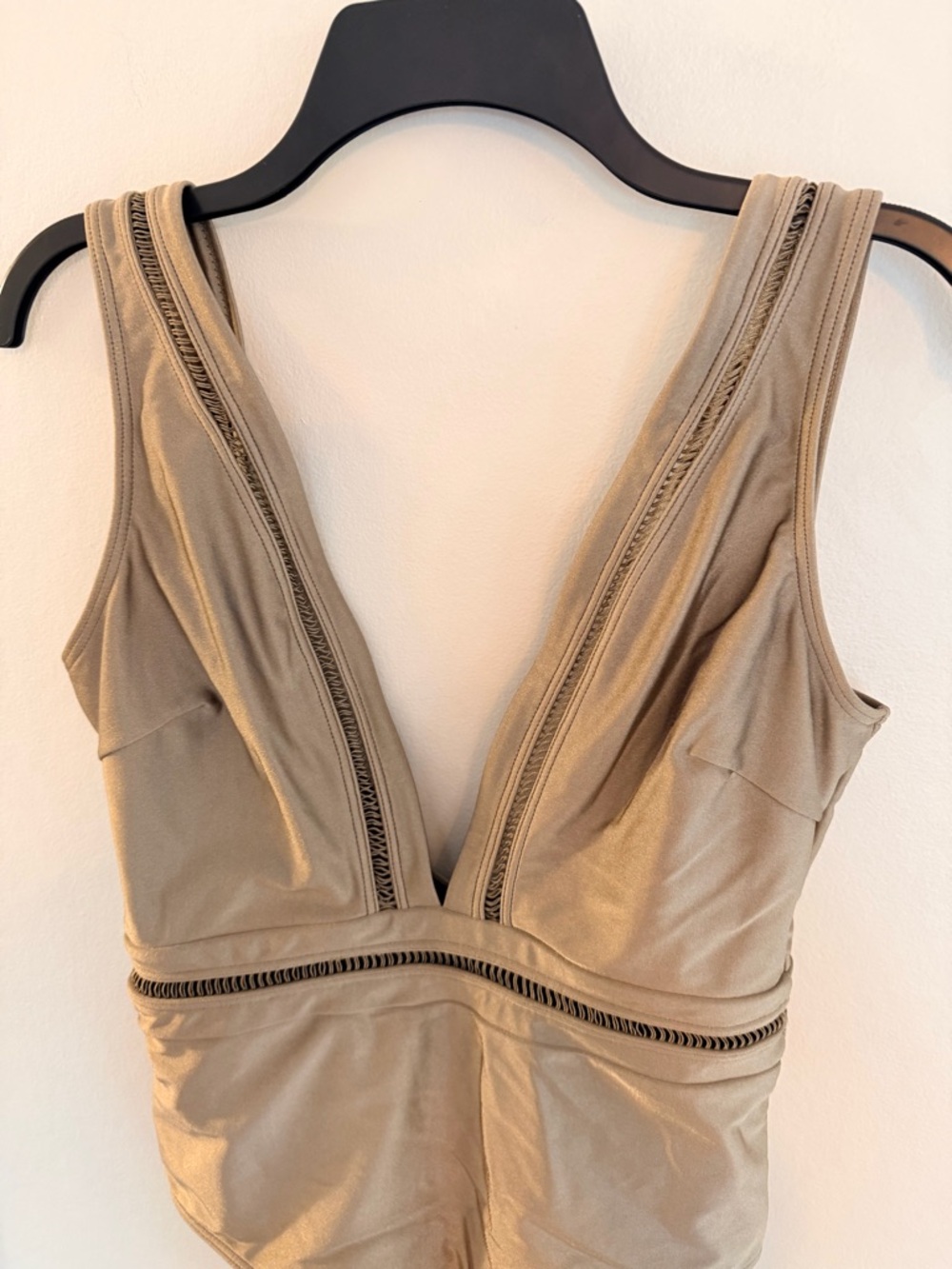 Ted Baker London Deep V Khaki Pointelle One-Piece Swimsuit - Picture 4 of 12